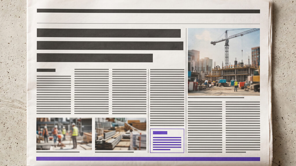 Newspaper page featuring a construction site photo with a crane and workers on the right, surrounded by column text.