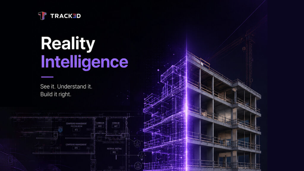 Hero banner: a building under construction with a purple holographic blueprint overlay and the words Reality Intelligence for Track3D.