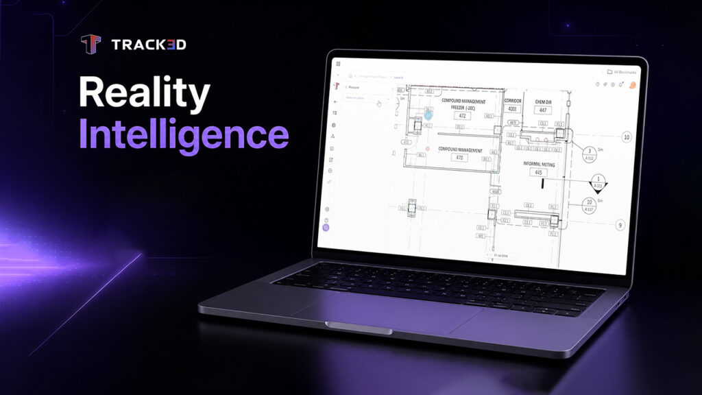 Promotional banner: laptop displaying a technical floor plan with a purple glow and 'Reality Intelligence' text on a dark background (Track3D branding).