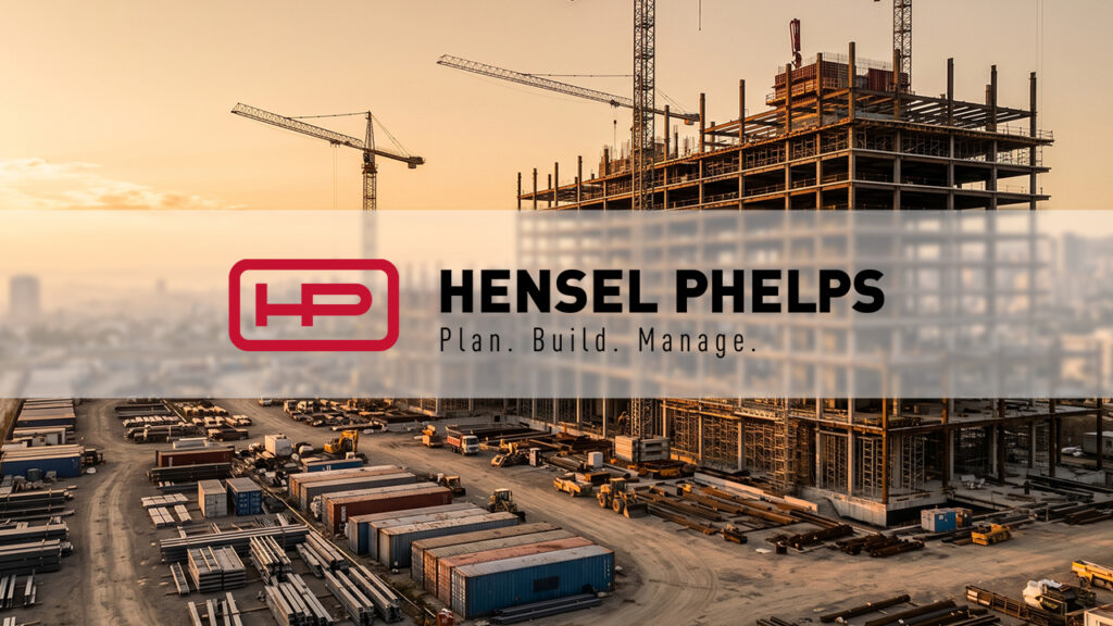 Construction site at sunset with cranes and a steel-framed building, overlaid with Hensel Phelps logo and Plan. Build. Manage.