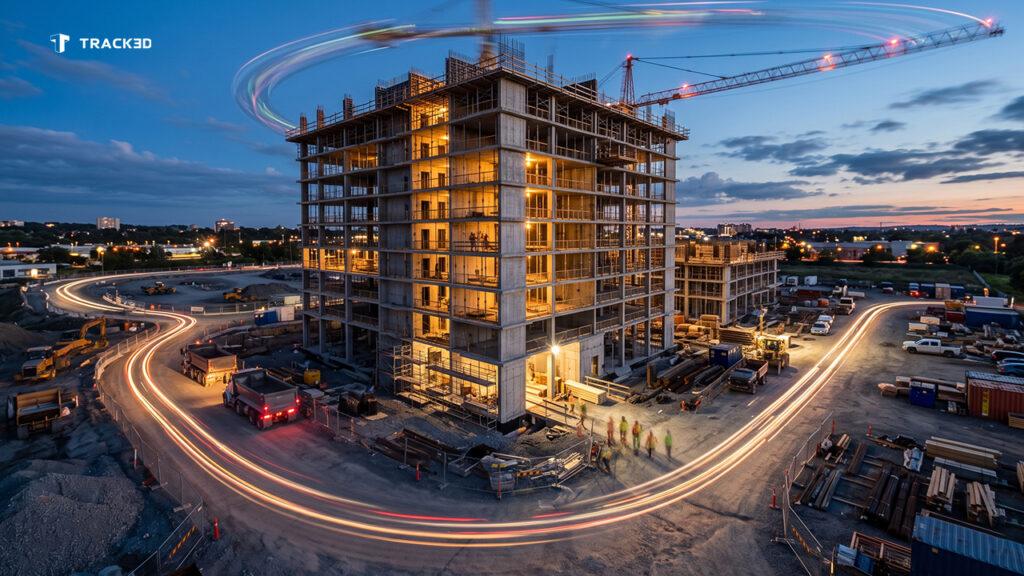 Construction site at dusk with a partially built multi-story building, a crane, and light trails circling the area for motion.