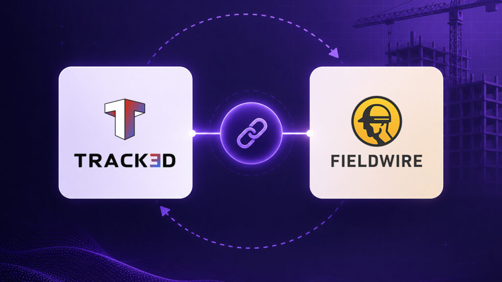 Two rounded-square panels connected by a glowing link in the center, showing TRACKED on the left and FIELDWIRE on the right, symbolizing an integration between platforms
