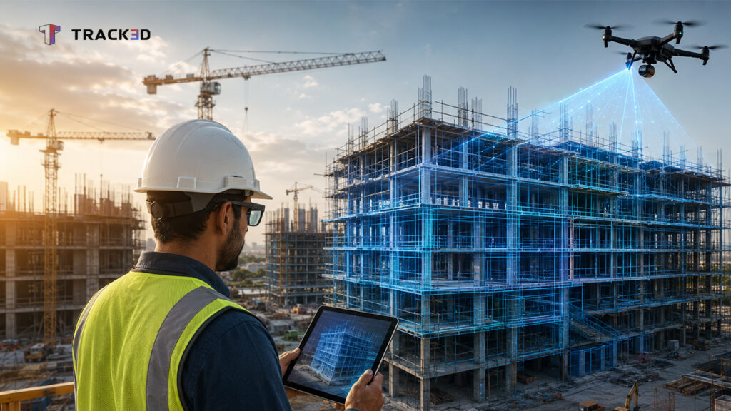 Construction supervisor with tablet overlooking a multi‑story building under construction; a drone scans the site with blue holographic lines overlaying the frame (Track3D branding).
