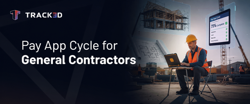 Banner featuring TRACK3D logo and the headline 'Pay App Cycle for General Contractors' with a construction worker at a site using a laptop and a holographic pay-app checklist display in the foreground.