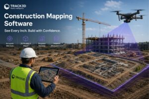 Track3D construction mapping software banner with a drone scanning a jobsite and icons for accurate site data, 3D models and maps, progress tracking and volume measurements