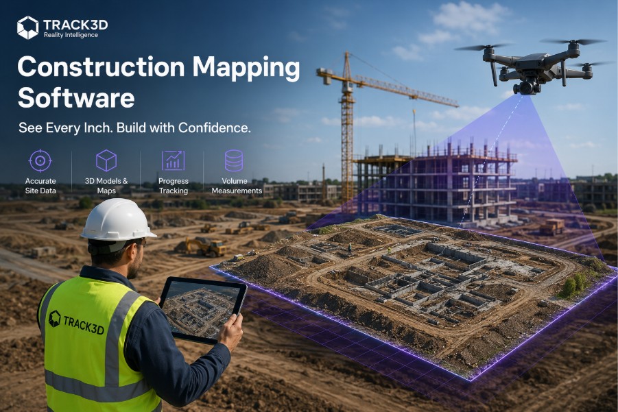 Track3D construction mapping software banner with a drone scanning a jobsite and icons for accurate site data, 3D models and maps, progress tracking and volume measurements