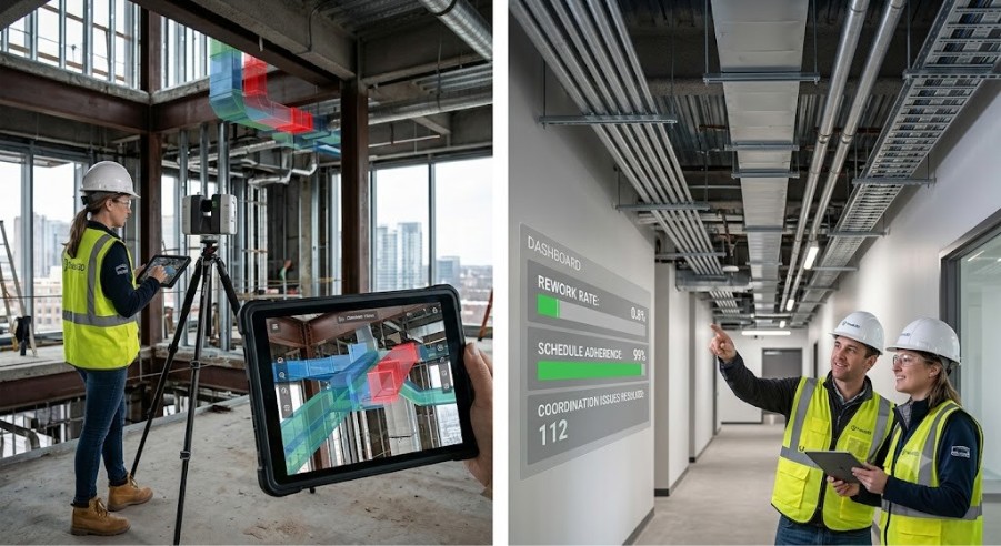 Construction team laser-scanning as-built MEP conditions with a tablet, beside an on-site display showing rework rate, schedule adherence and coordination issues resolved