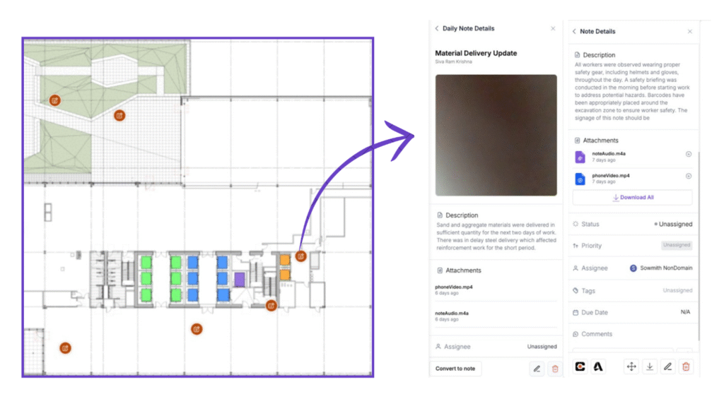 Track3D Daily Notes floor plan view showing location-pinned notes with Daily Note Details panel displaying material delivery update description, attachments, and assignee information