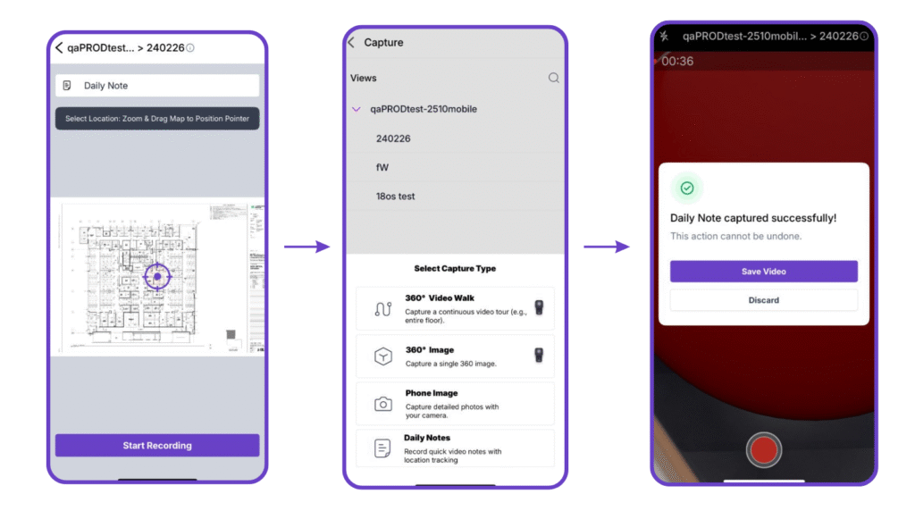 Track3D Daily Notes mobile app capture flow - showing floor plan selection, capture type selection, and successful daily note recording