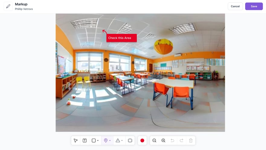Annotating directly on 360-degree reality capture in Track3D with Check this Area markup