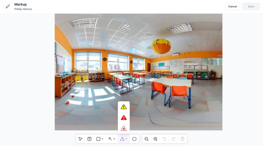 Field choosing annotation surface in Track3D — reality capture with hazard icons markup