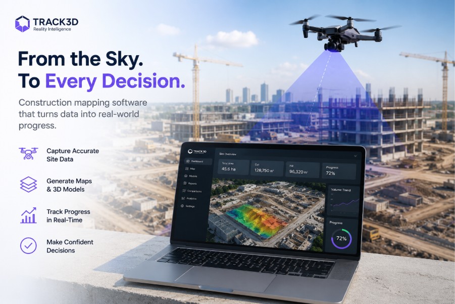 Track3D From the Sky To Every Decision construction mapping software showing a drone and laptop dashboard turning aerial site data into real-time progress