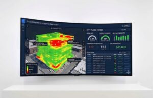 Track3D Reality Intelligence dashboard showing a color-coded 3D building model with clash detection, rework rate, schedule adherence and $45,000 cost avoidance for City Plaza Tower