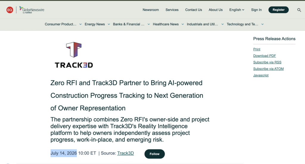 Screenshot of a news article page featuring the Track3D logo and headline about AI-powered construction progress tracking partnership with Zero RFI and Track3D.
