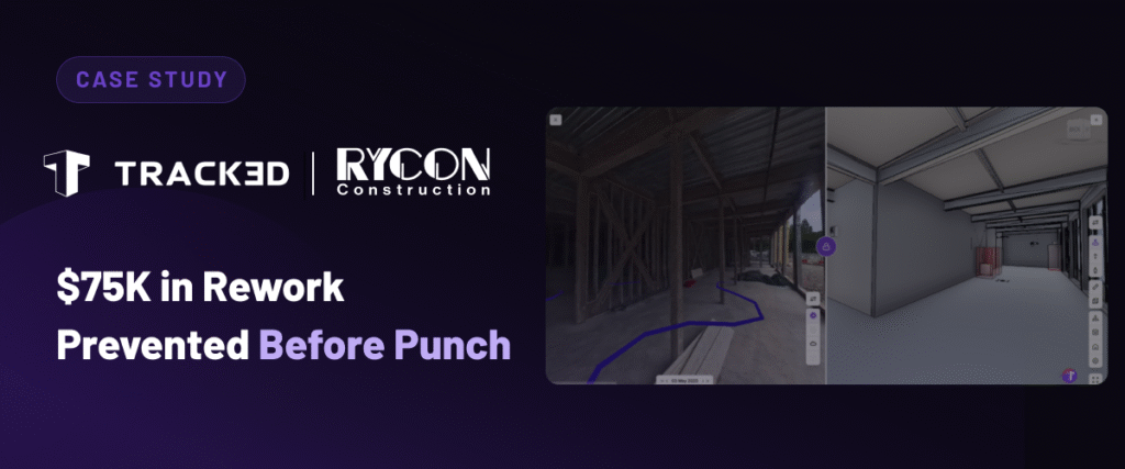 Case study banner with Track3D and Rycon Construction logos, headline "$75K in Rework Prevented Before Punch", and a split-screen 3D construction model on the right.