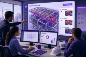 Clash detection in construction illustrated with a BIM building model and Track3D dashboard