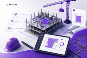 Construction takeoff illustration showing a building model, crane, and Track3D dashboard
