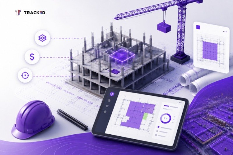 Construction takeoff illustration showing a building model, crane, and Track3D dashboard