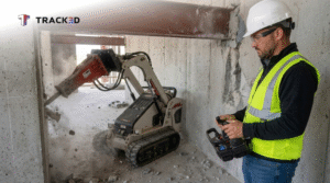 Operator controlling a demolition construction robot breaking concrete inside a building during a construction site automation project.