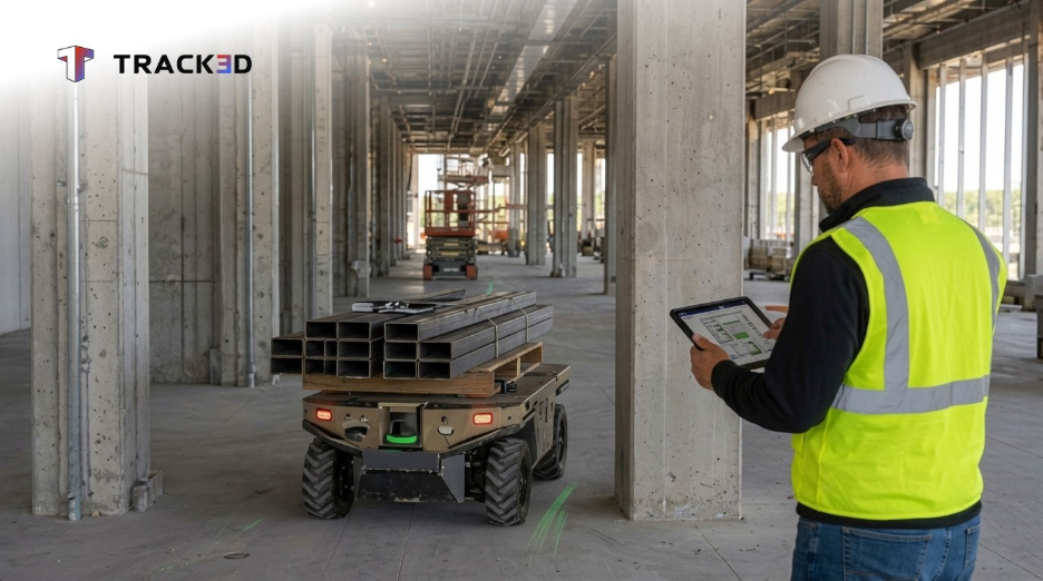 Autonomous construction robot carrying steel beams across a job site while a supervisor monitors material handling and site automation.