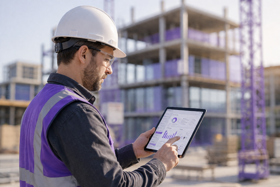 Construction worker wearing a white hard hat and purple safety vest uses a tablet displaying charts at a building site.