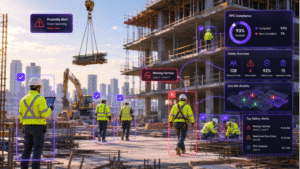 AI-powered computer vision monitors construction workers in real time, identifying safety risks, PPE compliance, and restricted zones. Interactive dashboards provide live safety insights and alerts for faster decision-making