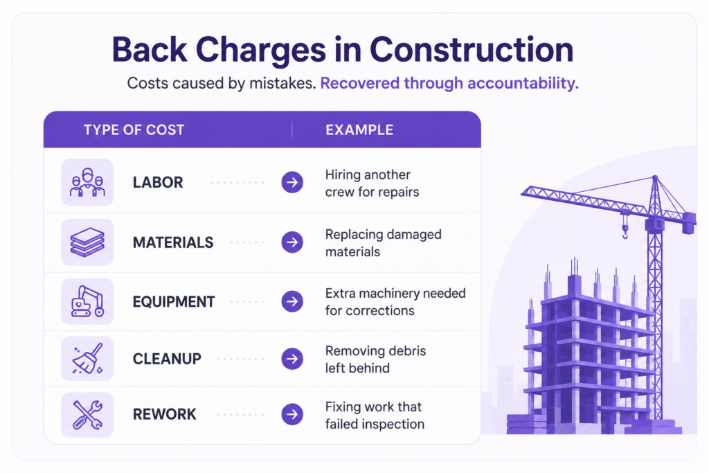 Infographic: 'Back Charges in Construction' listing cost types (Labor, Materials, Equipment, Cleanup, Rework) with examples and a construction crane illustration on the right, in purple tones.