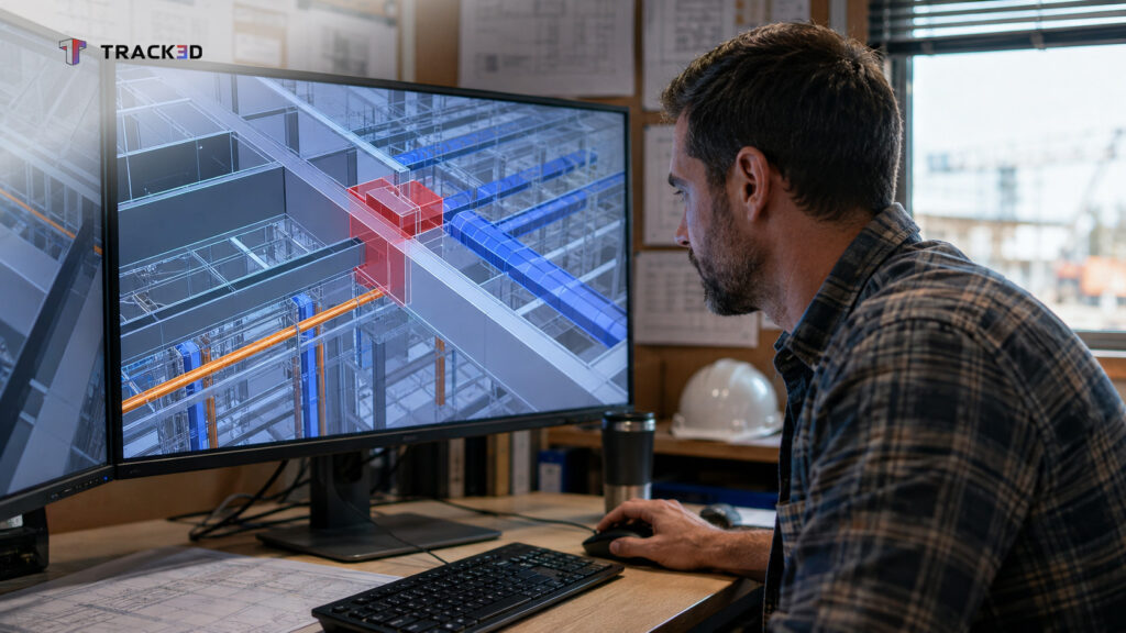 Man in a plaid shirt studies a detailed 3D building system on two monitors in an office, with blue and orange piping visible on screen.