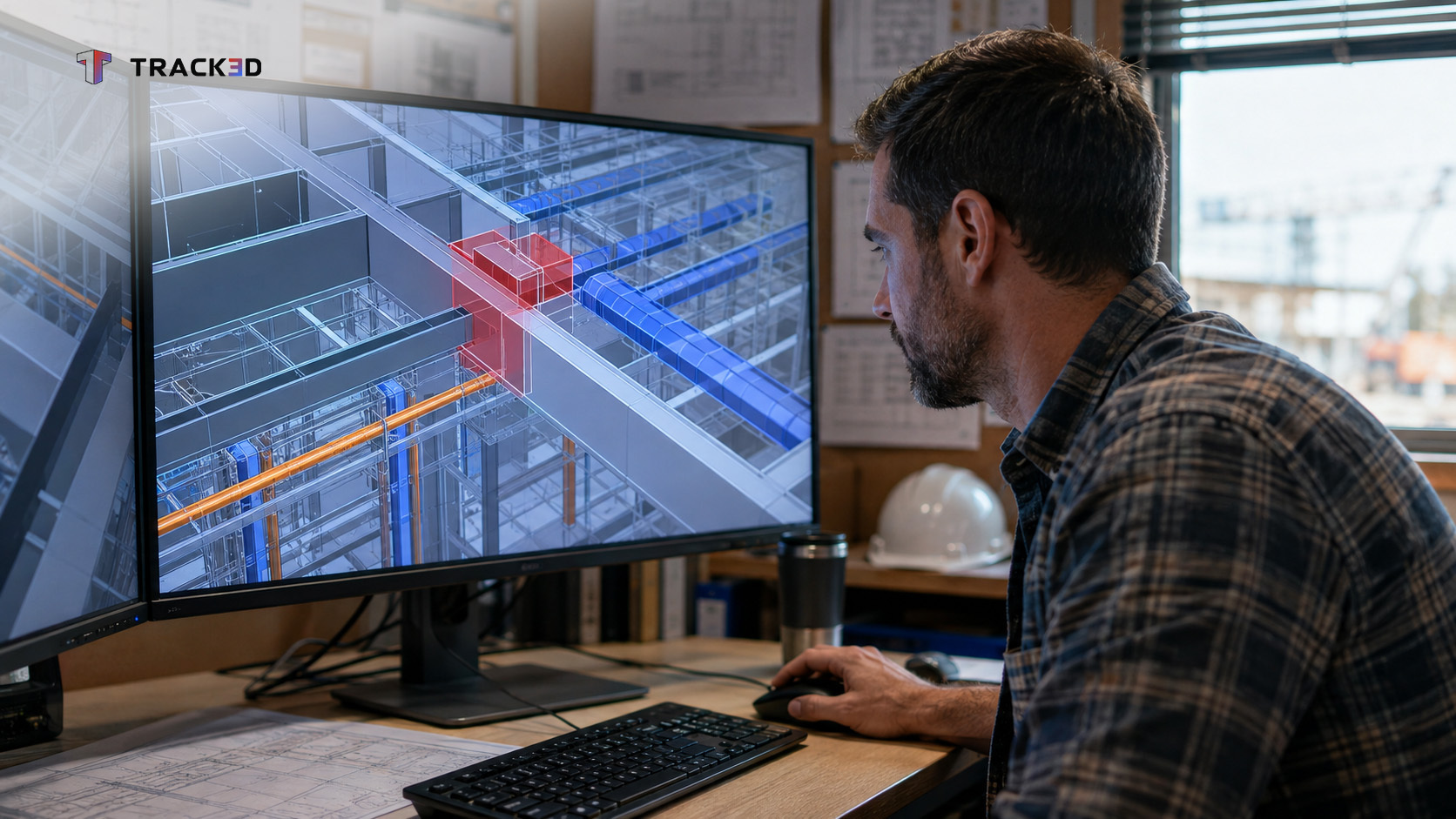 Man in a plaid shirt studies a detailed 3D building system on two monitors in an office, with blue and orange piping visible on screen.