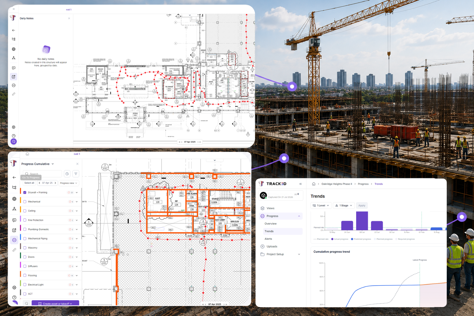 Construction site with tall cranes and workers, overlaid by BIM floor plans and project dashboards