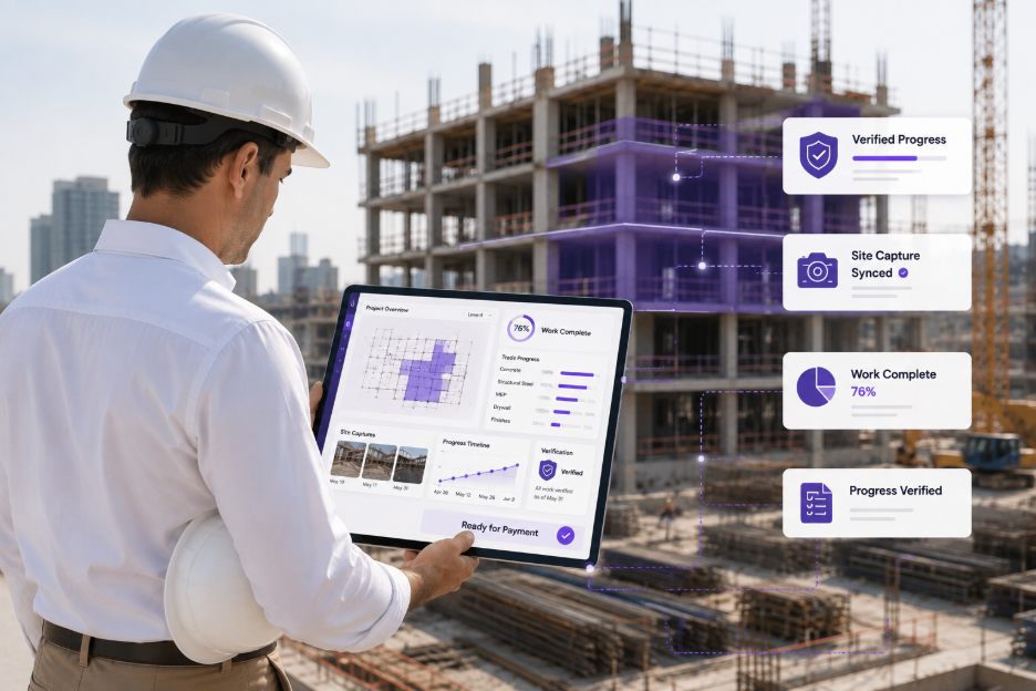 Site supervisor with tablet showing construction progress dashboards at a building site.