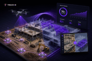 Drone flies above a construction site projecting a purple 3D blueprint and a glowing project dashboard with progress charts nearby, tablet visible in foreground.