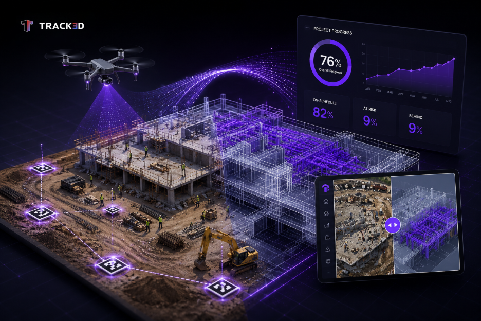 Drone flies above a construction site projecting a purple 3D blueprint and a glowing project dashboard with progress charts nearby, tablet visible in foreground.