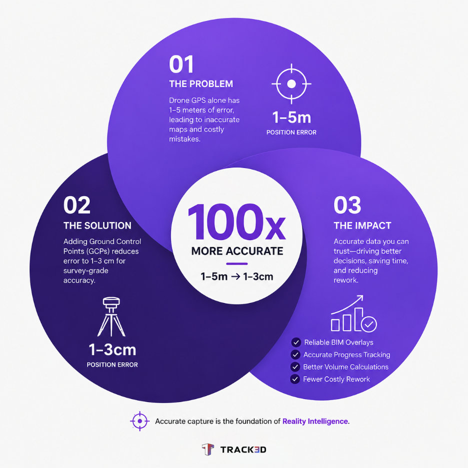 Infographic with three overlapping purple circles: 01 The Problem, 02 The Solution, 03 The Impact, and a central badge reading 100x More Accurate (1–5m → 1–3cm).