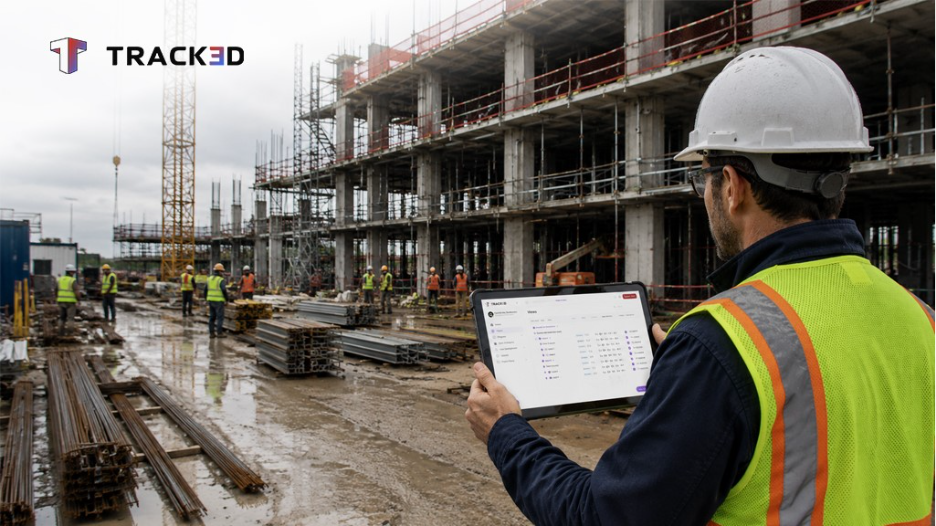Site supervisor holding a tablet with the Track3D dashboard open, comparing the construction schedule and project timeline against an active multi-story building site.