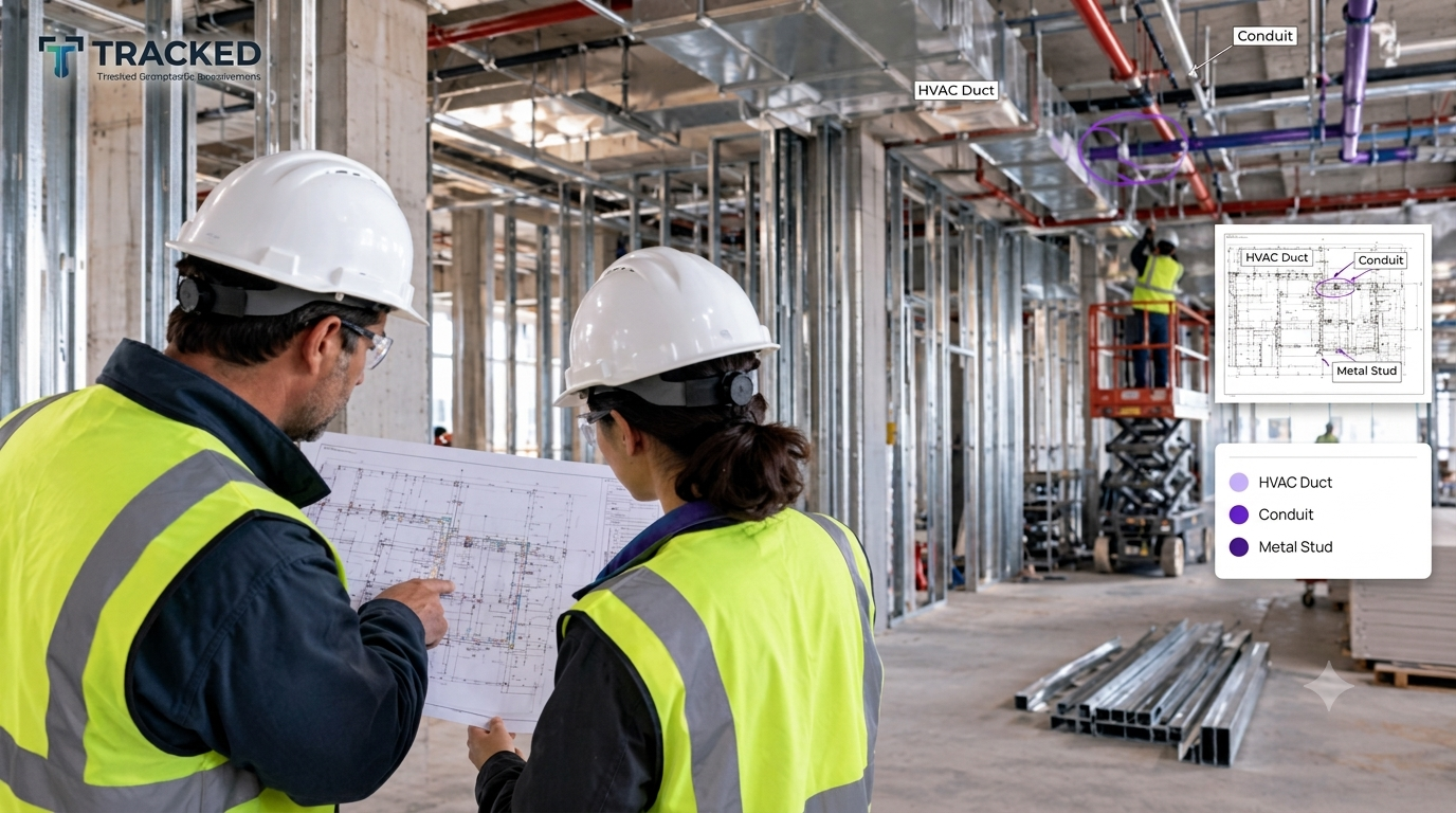 AI-assisted construction progress tracking identifies installed framing and MEP elements on a commercial jobsite for comparison against the plan.