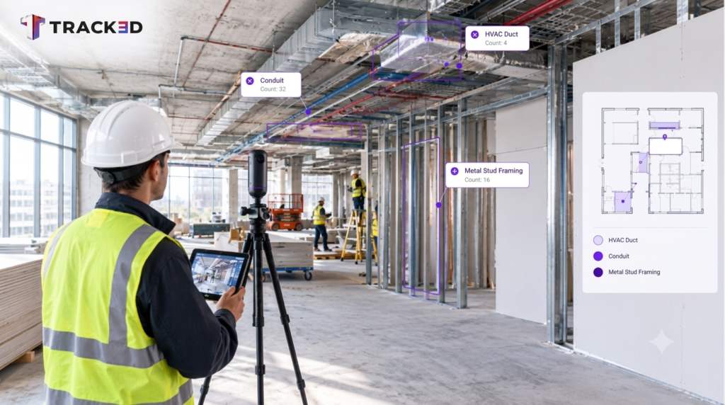 AI-assisted construction progress tracking identifies installed framing and MEP elements on a commercial jobsite for comparison against the plan.