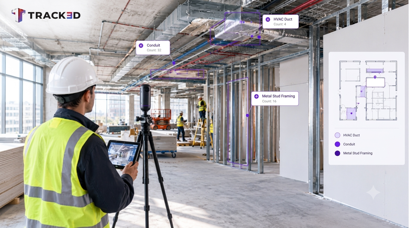 AI-assisted construction progress tracking identifies installed framing and MEP elements on a commercial jobsite for comparison against the plan.