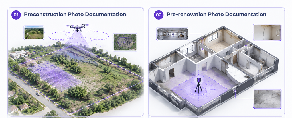 Comparison of pre-construction photo documentation of an open site with pre-renovation photo documentation of an existing interior