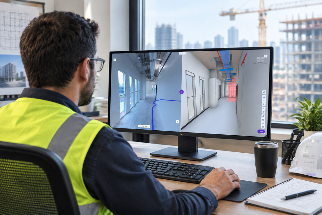 Project manager reviewing a split-screen of a 360-degree construction photo comparison with a BIM model