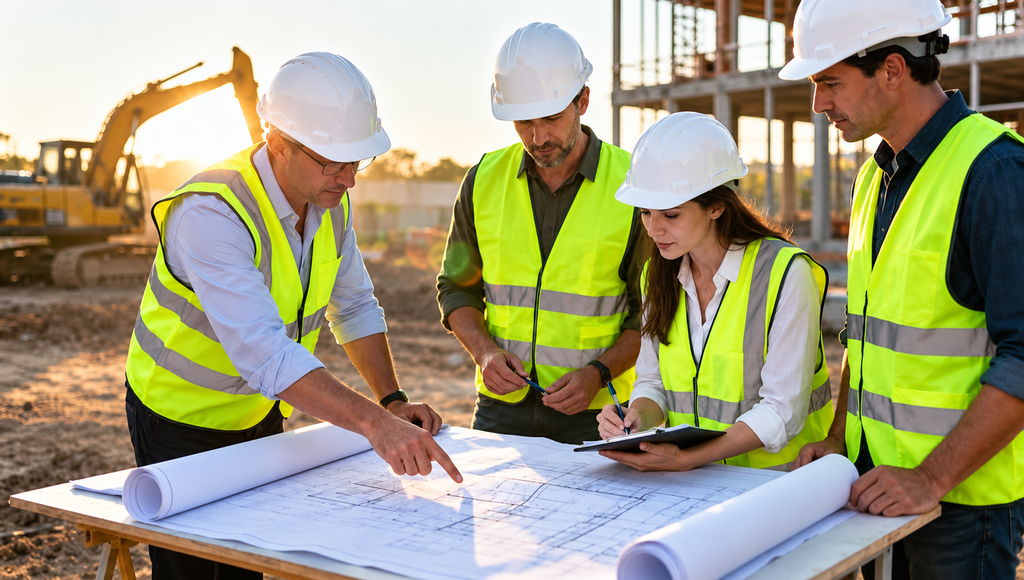 construction team in hard hats reviewing drawings on site to plan the construction sequencing for a building project 
