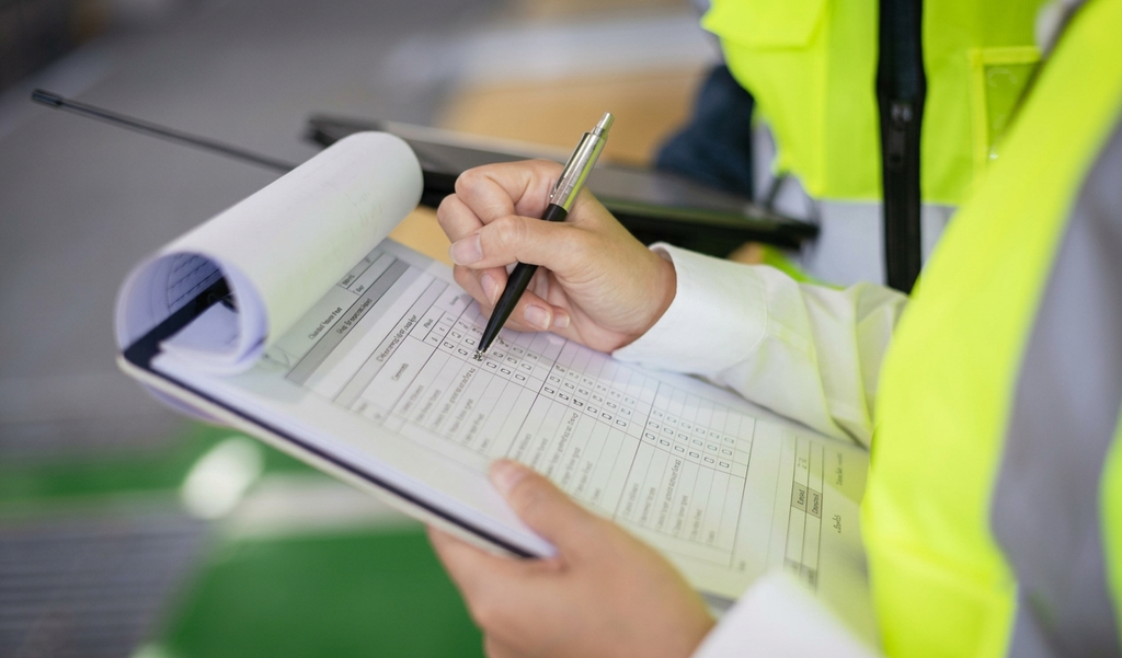 Construction worker in a hi-vis vest filling out a construction site inspection checklist on a clipboard
