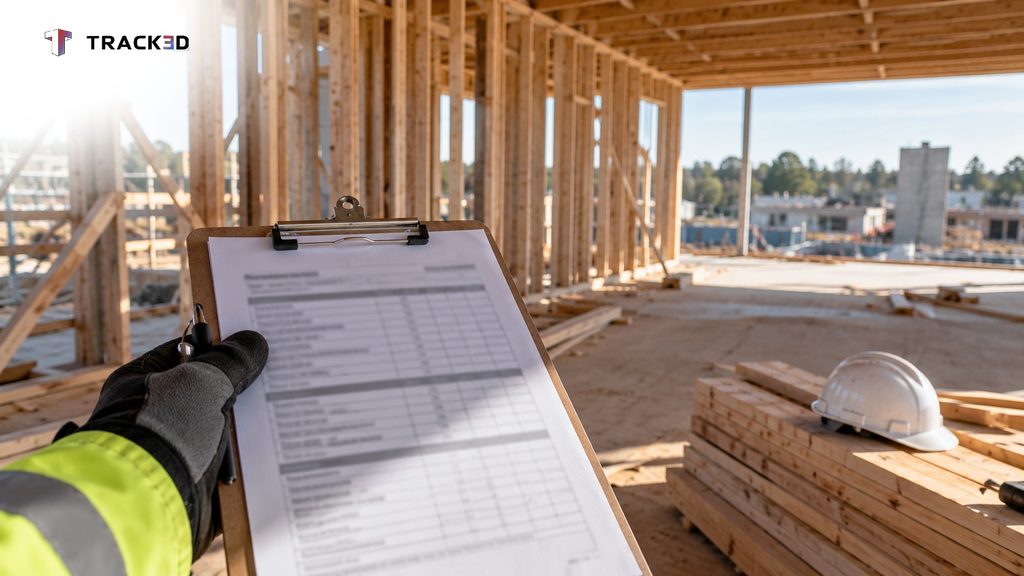 Clipboard with a pay app in the foreground and a half-framed wall behind it, showing billed progress versus installed work