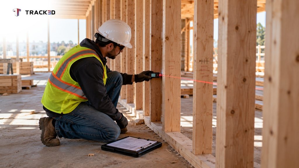 Project manager measuring a partly framed wall to count installed linear feet for a pay application review