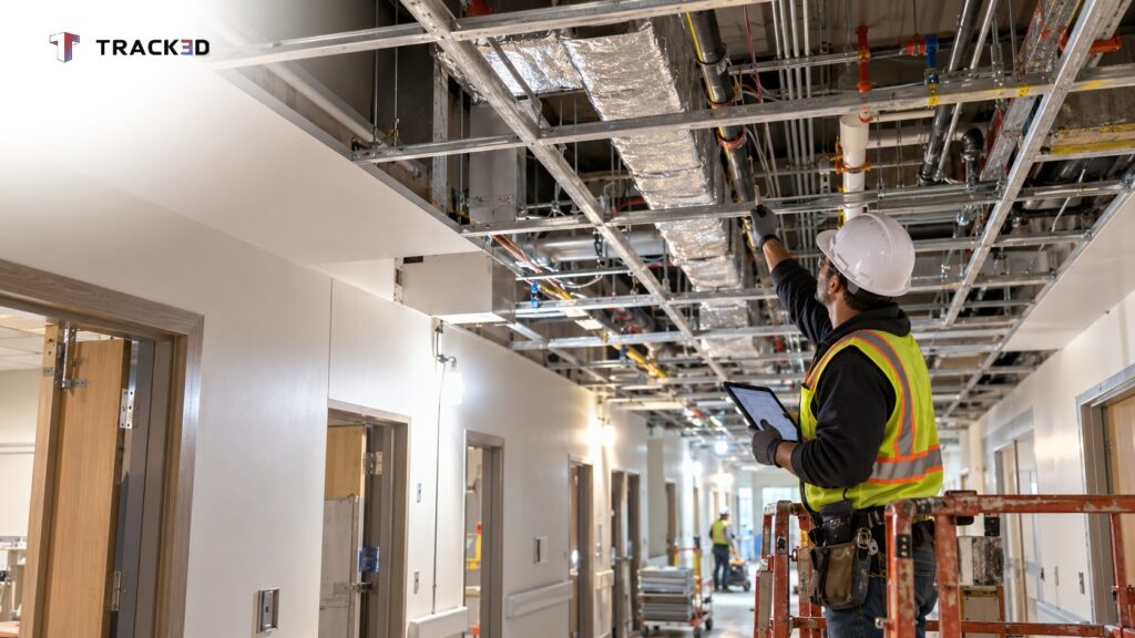 Site lead inspecting pipes and ductwork above an open ceiling grid in a hospital corridor under construction