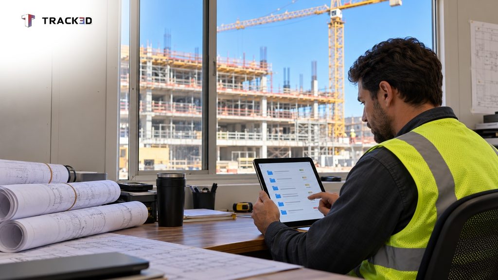 Project manager reviewing drawings on a tablet in a site office using construction document management software