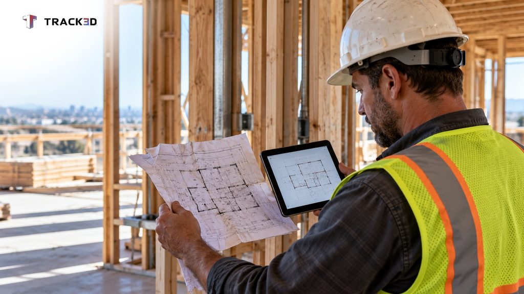 Foreman comparing an outdated printed drawing to the current revision on a tablet beside a framed wall